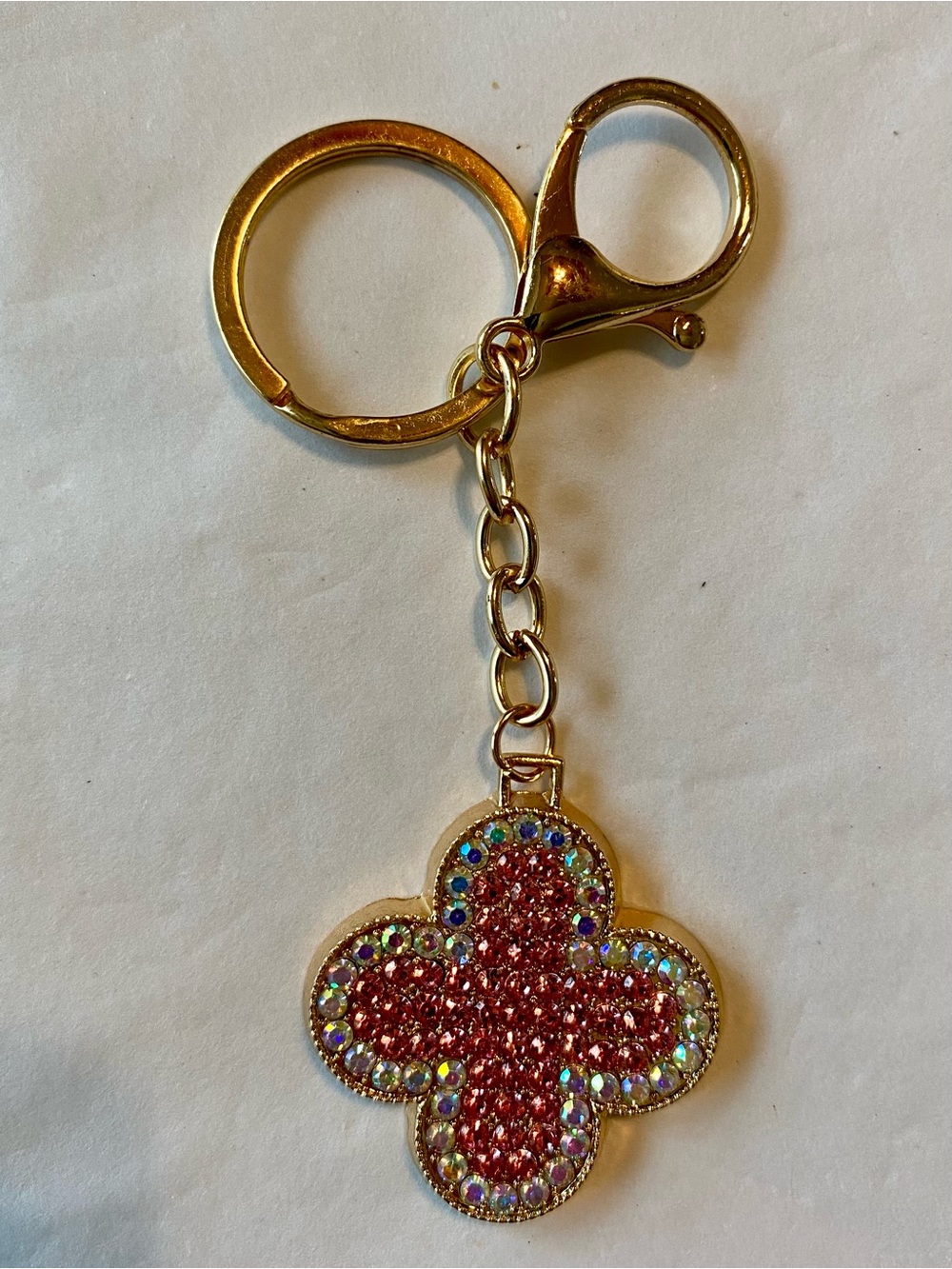 Mint Pink Crystal Clover Bag Charm Keychain with Gold-tone Hardware NWOT